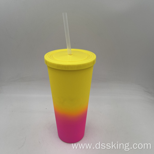 hot sale 22oz/650ml/24oz plastic Double Wall tumbler with color change tumbler with straw